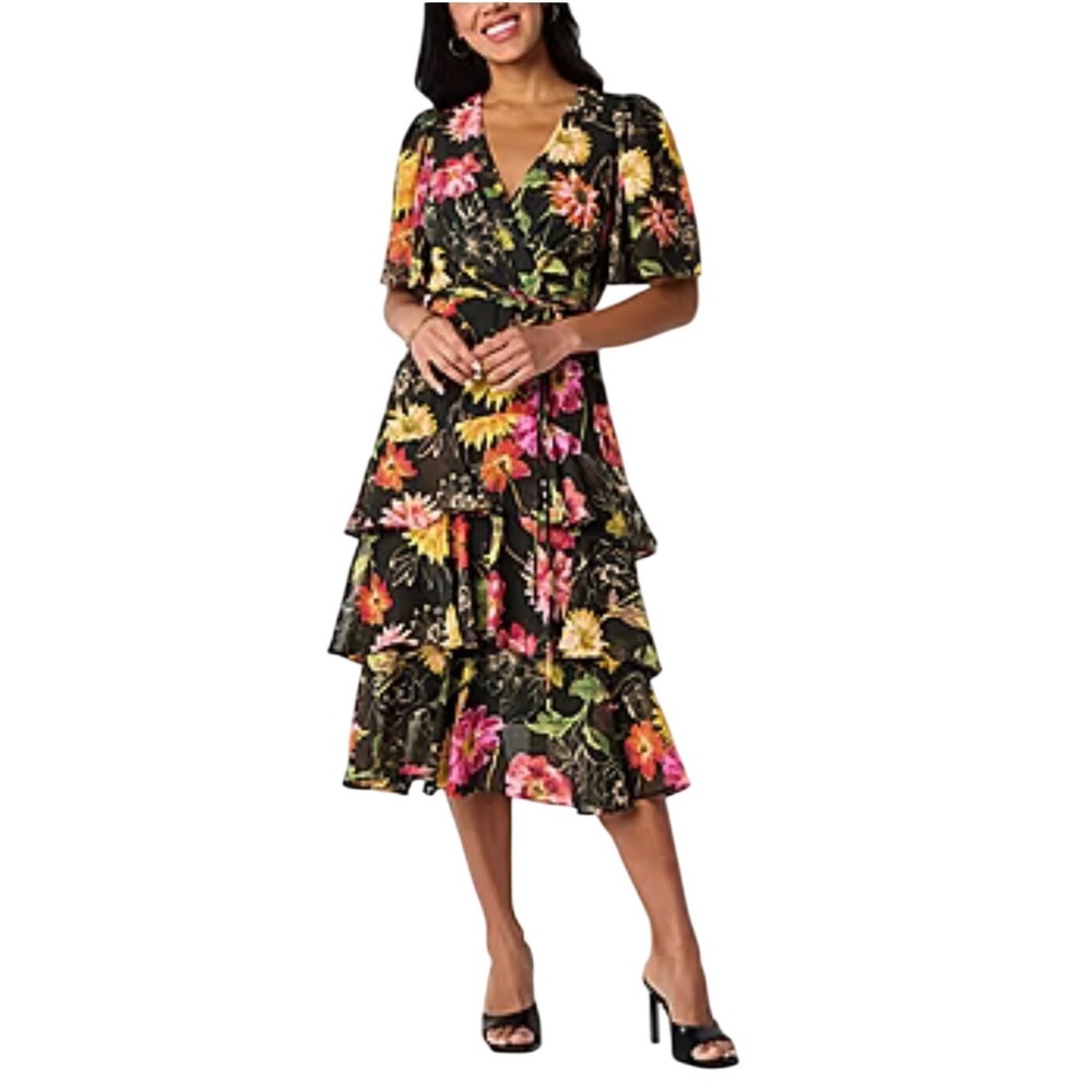 Danny and Nicole Black Floral Flutter Sleeve Fit and Flare Midi Dress 4P